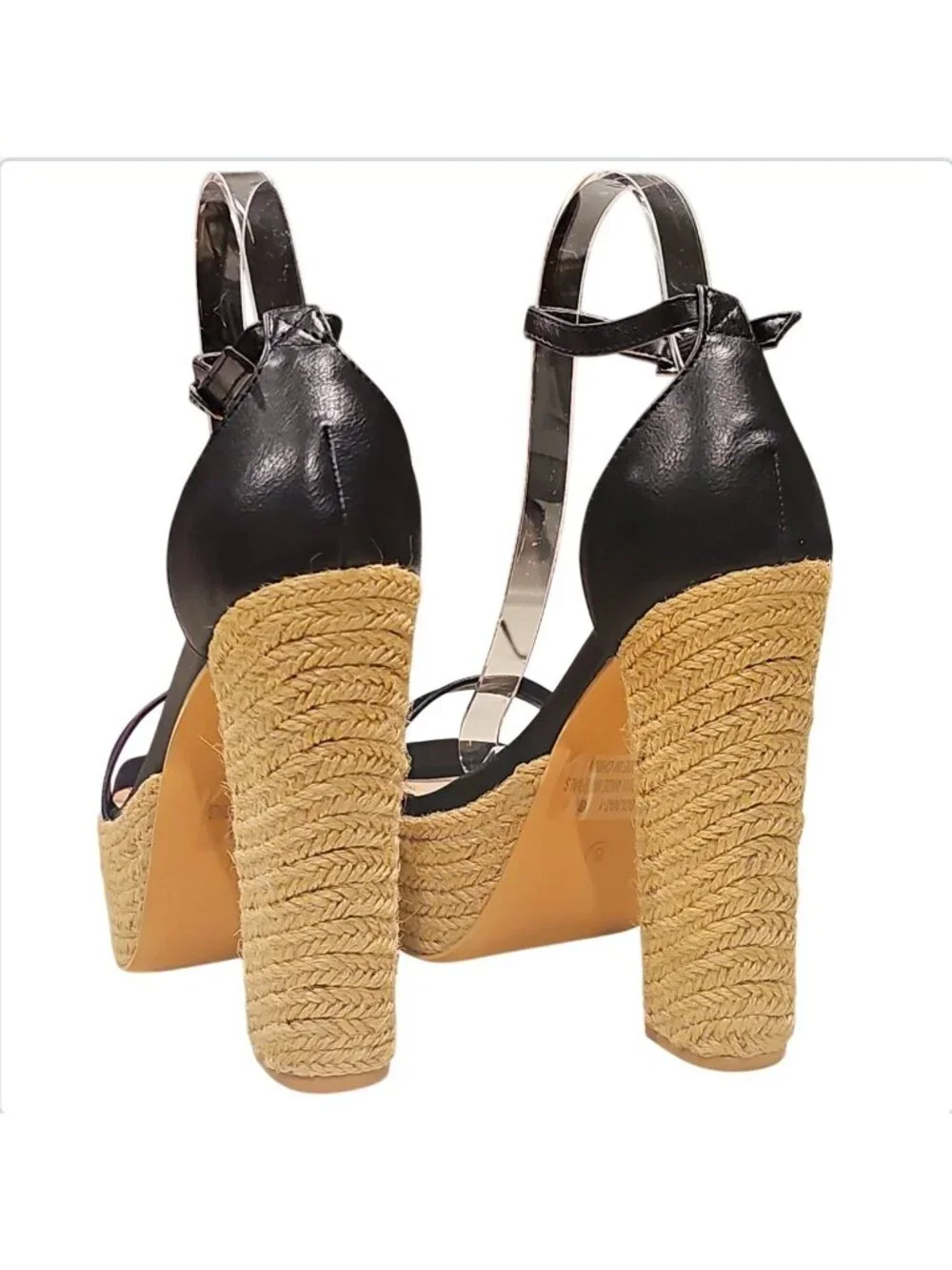 Black Platform High Heel Sandals With Woven Straw Sole & Ankle Strap Heel Chic